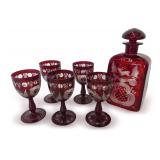 Egermann Czechoslovakian Ruby Red Decanter and (5) Glasses