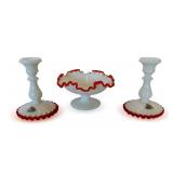 1963 Fenton Flame Crest Pattern Art Glass Compote and Pair of Candleholders