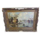 Framed Harbor Scene Oil Painting Signed C. Rabusze