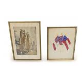 S. Chester Danforth Architectural Etching and Flags of the Confederacy Watercolor