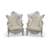 Pair of Rococo Revival Style Armchairs with Silver Painted Carved Wood Frames and Tufted Upholstery