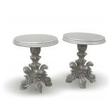 Pair of Ornate Silver Painted Accent Tables with Carved Pedestal Bases