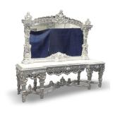 Ornate Silver Finished Console Table with Integrated Mirror