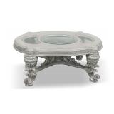 Ornately Carved Wooden Coffee Table with Glass Inserts and Silver Color Finish