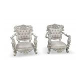 Pair of Rococo Revival Style Carved Silver Color Painted Armchairs with Tufted Upholstery