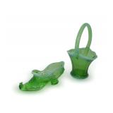 Green Opalescent Glass Slipper and Basket