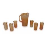 Mid Century Marigold Carnival Glass Pitcher and Tumbler Set