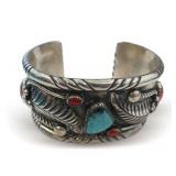 Vintage Sterling Silver Cuff Bracelet with Turquoise and Coral Inlay