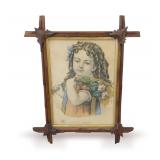 Little Daisy Framed Currier and Ives Antique Print in Stick and Ball Wooden Frame