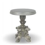 Silver Color Round Accent Table with Ornate Carved Pedestal Base... top is loose