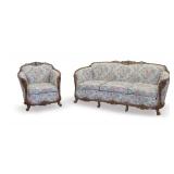 Carved Wooden Frame Sofa and Armchair with Floral Upholstery