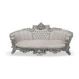 Ornately Carved Silver Color Sofa with Tufted Upholstery