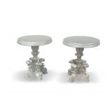 Pair of Silver Painted Accent Tables with Ornate Pedestal Bases... tops are loose