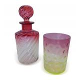1900s Baccarat Amberina Dresser Bottle with Stopper and Late 1800s Hobbs Rubina EAPG Tumbler