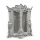 Ornate Silver Painted China Cabinet with Glass Doors and Curved Side Panels... no shelves
