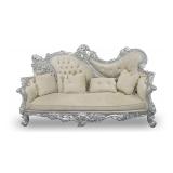 Ornate Silver Color Rococo Style Sofa with Tufted Upholstery and Throw Pillows