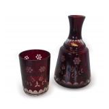 1950s Bohemian Glass Ruby to Clear Cut Glass Bedside Water Carafe and Glass Set