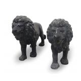 Pair of Cast Stone Lion Statues with Black Painted Finish