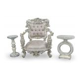Ornate Silver Color Accent Chair with Side Table and Pedestal