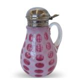 Early 1900s Rubina Coinspot Opalescent Glass Syrup Pitcher with Metal Lid