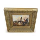 Framed Chickens Oil Painting