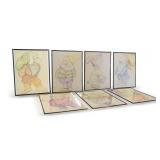 Set of 1975 Framed Illustrations of the Seven Dwarfs