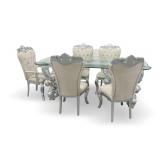 Ornate Silver Color Dining Set with Glass Top Table and (5) Tufted Chairs