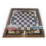 1940s Inlay Butterfly Wing and Reverse Painting on Glass Checkerboard with Wooden Checkers