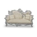 Ornate Silver Color Settee with Tufted Upholstery and Accent Pillows