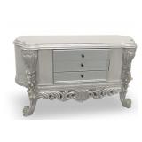 Ornate Silver Color Credenza with Carved Details and (3) Drawers