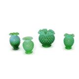 (4) Fenton Green Opalescent Hobnail Glass Vases