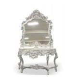 Ornate Silver Painted Console Table with Matching Mirror