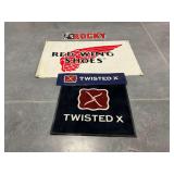 Shoe Brand Advertising Lot Featuring Red Wing Shoes Banner, Twisted X Sign, Twisted X Floor Mat, and Rocky Sign