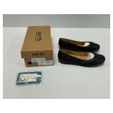Earth Jett Black Leather Woven Flats Shoes Size 6.5M with Box and Luggage Tag