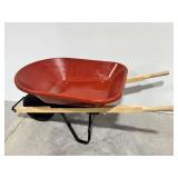 Red Poly Wheelbarrow with Wooden Handles and Single Pneumatic Wheel