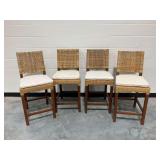 Set of (4) Woven Rattan and Wooden Bar Stools with Removable Cushions