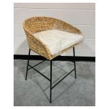 Woven Seagrass Barrel Bar Stool with Black Metal Frame and White Cushion