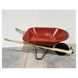 Red Poly Tray Wheelbarrow with Wooden Handles and Rubber Tire