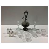 Pressed Glass Tableware with Silverplate Castor Stand and Candlesticks