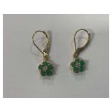 14K Gold Flower Drop Earrings with Emerald Stones and Diamonds