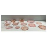 13-Piece Pink Depression Glass Tableware Lot with Various Patterns