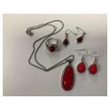 Red Stone and Silver-Tone Jewelry Group