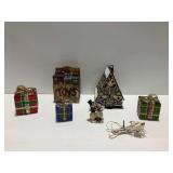 Holiday Decor Including Stained Glass and Gift Boxes
