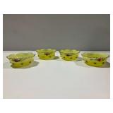 (4) Custard Uranium Glass Footed Bowls with Hand Painted Floral Motifs