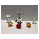 Glassware Including Fenton, Milk Glass Base Lamp with Chimney, Glass Lamp Base, and Single Chimney