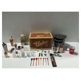 Huber Bock Beer Box, Avon Stein, Bottle Openers, Shot Glasses, Stoppers, and Other Barware