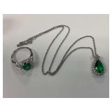 Sterling Silver 2-Piece Green and Clear Stone Jewelry Set with Ring and Necklace