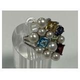 Sterling Silver Multi-Stone Cluster Ring with Pearls and Gemstones, Size 8