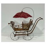 Wooden Doll Carriage with Red Parasol and Patterned Cushions