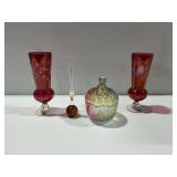 Rainbow Color Iridescent Glass Covered Candy Dish, Ruby Base Bud Vase, and Pair of Etched Cranberry Glass Vases